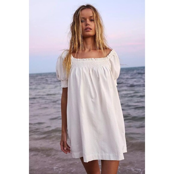Free People Dresses & Skirts - Free People Est Mila Mini Dress Smocked Puff Sleeve Shift Ivory S New 285490